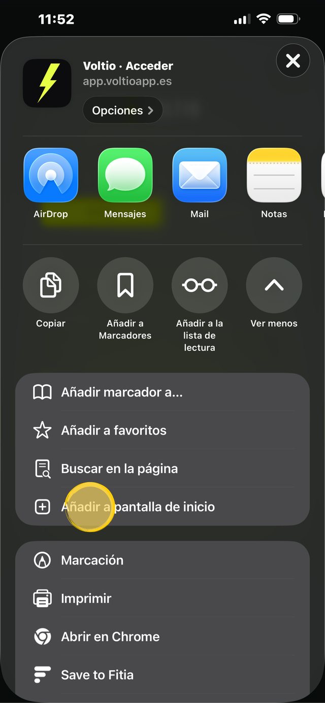Opción Añadir a pantalla de inicio